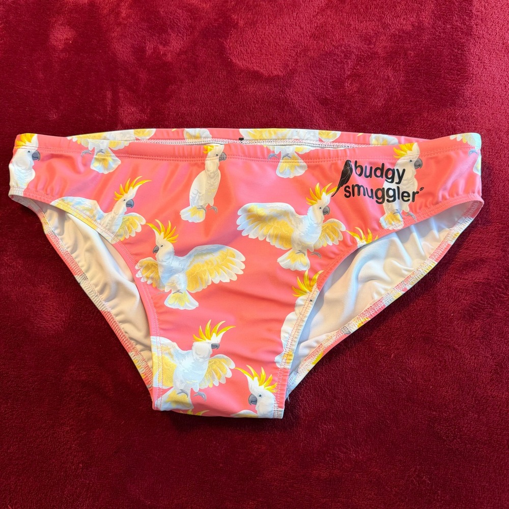 Budgy Smuggler Mens Pink Cockatoo Bird Print Swim Briefs Trunks Size 34 L